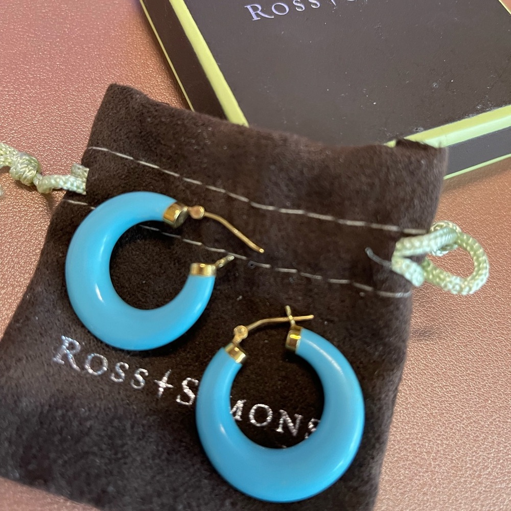 Ross-Simons 14K Yellow Gold Turquoise C-Shaped  Hoop Earrings